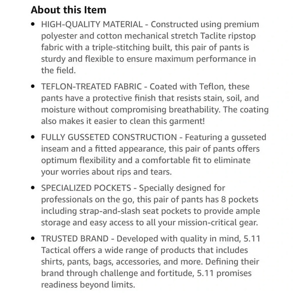 5.11 Tactical Men's Navy Taclite Pro Lightweight Performance Pants Size 34 - Picture 15 of 15